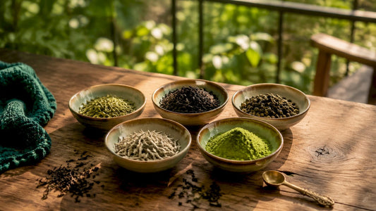 Bowls with different tea leaves on rustic table