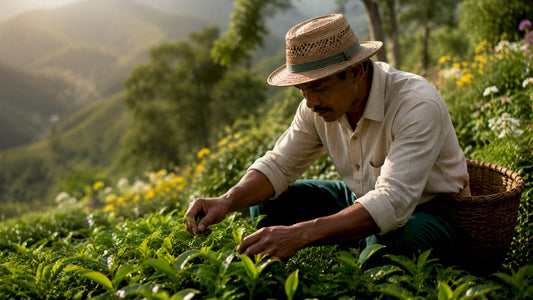 Hands picking fresh green tea leaves outdoors