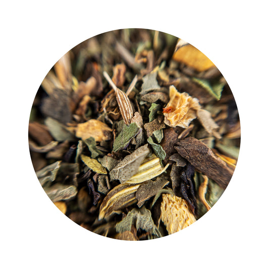 Organic gut health tea loose leaf macro — ginger peppermint fennel blend
